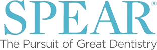 The image displays a logo with the text  SPEARS  prominently above another line of text reading  SPEARS THE PIONEERS OF COSMETIC DENTISTRY . Below this, there s a graphic of a stylized tooth and the word  SPEARS  again. The logo is set against a light background with a blue banner at the top.