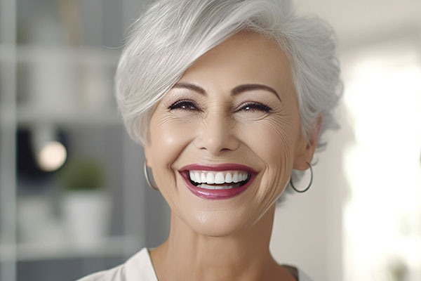 The image shows a smiling woman with gray hair, wearing a white top, standing indoors with a warm smile and a bright expression.