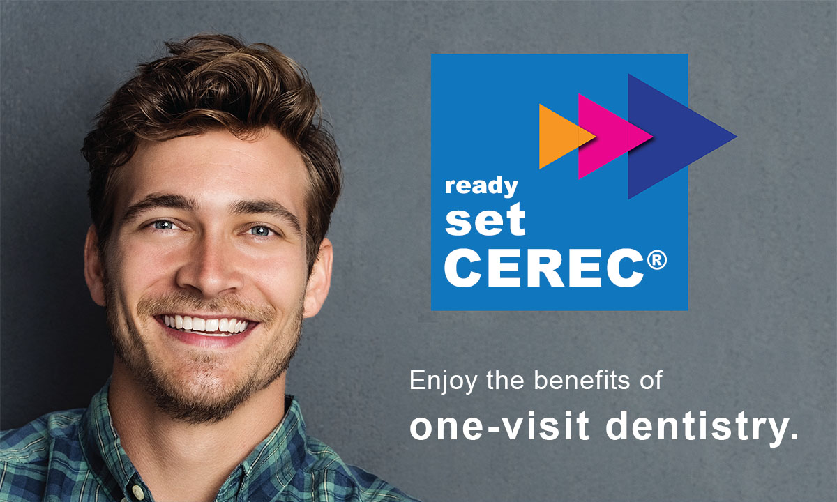 The image features a man smiling at the camera against a blue background with text overlaying it that reads  SET UP CEREC  and  READY SET CEREC . Below this, there s an additional text that says  ENJOY THE BENEFITS OF ONE-VISIT DENTISTRY . The website address  www.setupecercetechnology.com  is also present in the image.